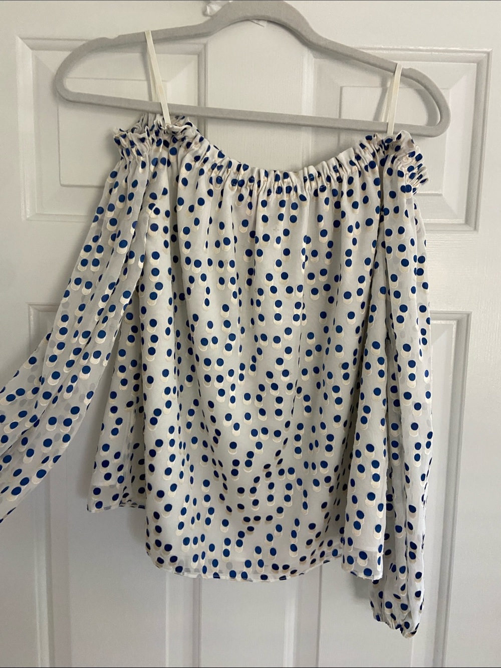 Lilly Pulitzer Off-Shoulder White Blouse with Blue Polka Dots